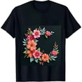 thumbnail image 2 of Women's Cotton Short Sleeve T-Shirt with Vibrant Floral Design - Colorful Pink Orange & Green Flowers on Black Background, 2 of 6