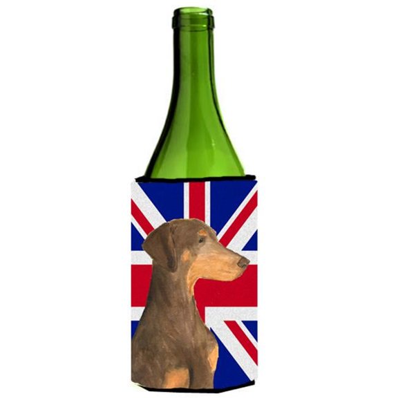 Doberman Natural Ears With English Union Jack British Flag Wine bottle sleeve Hugger - 24 Oz.