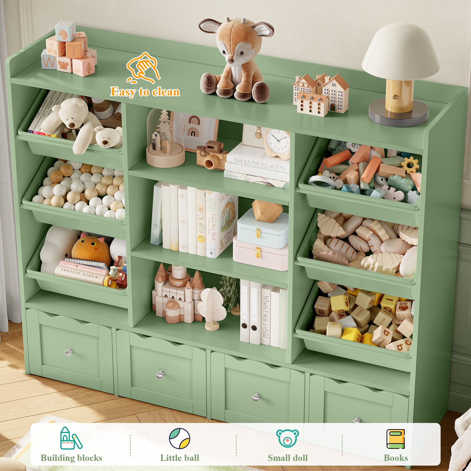 Hiphuta 55" Wide Toy Storage Organizer with 4 Removable Drawers, 4-Tier Kid Bookcase with 6 Bins, Toy Organizer with Bookcase for Kid Bedroom Playroom, Green