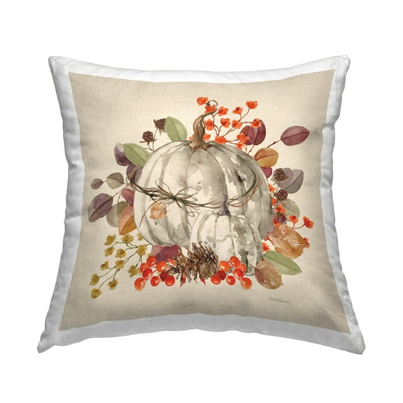 Stupell Industries Harvest Sprigs & Pumpkin 18" x 18" Holiday Floral Print Polyester Throw Pillow, Zip Closure 1 Count