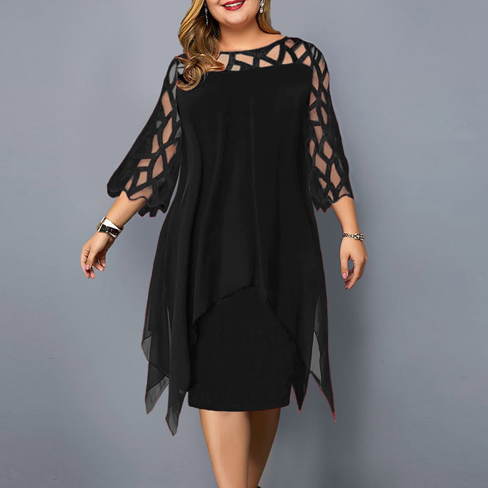 Plus Size Wedding Guest Dresses for Women Casual Long Sleeve A-Line ...