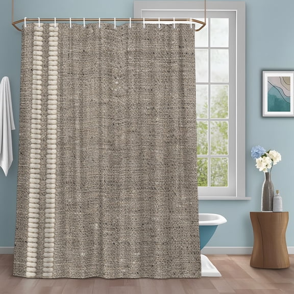 Flax Gray Shower Curtain with Hooks, Oatmeal Beige Woven Fabric Texture Rustic Farmhouse Water Repellent Shower Curtains for Bathroom Decor Sturdy Shower Curtain, Machine Washable 72x78 Inch