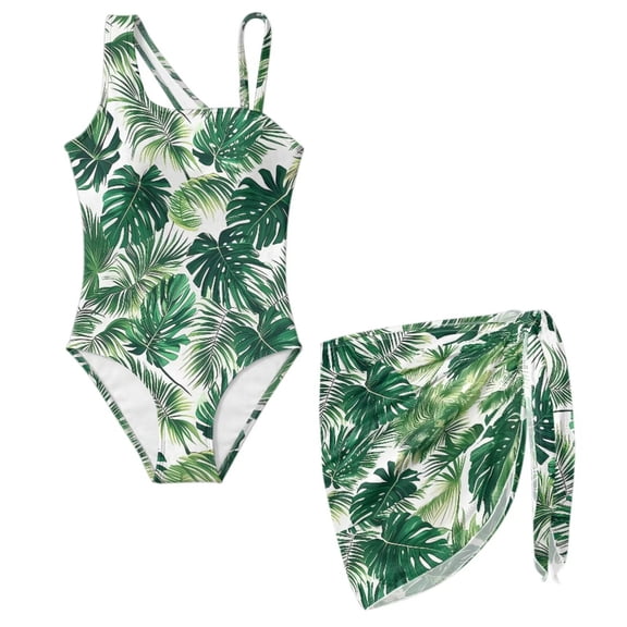 FUIALDOLG Tropical Girls One Piece Swimwear with Cover Up Skirt Set Hawaiian Green Palm Leaf Swimsuits One Shoulder Swimwear Quick Drying Athletic Bathing Suit for Pool Beach,7-8Y