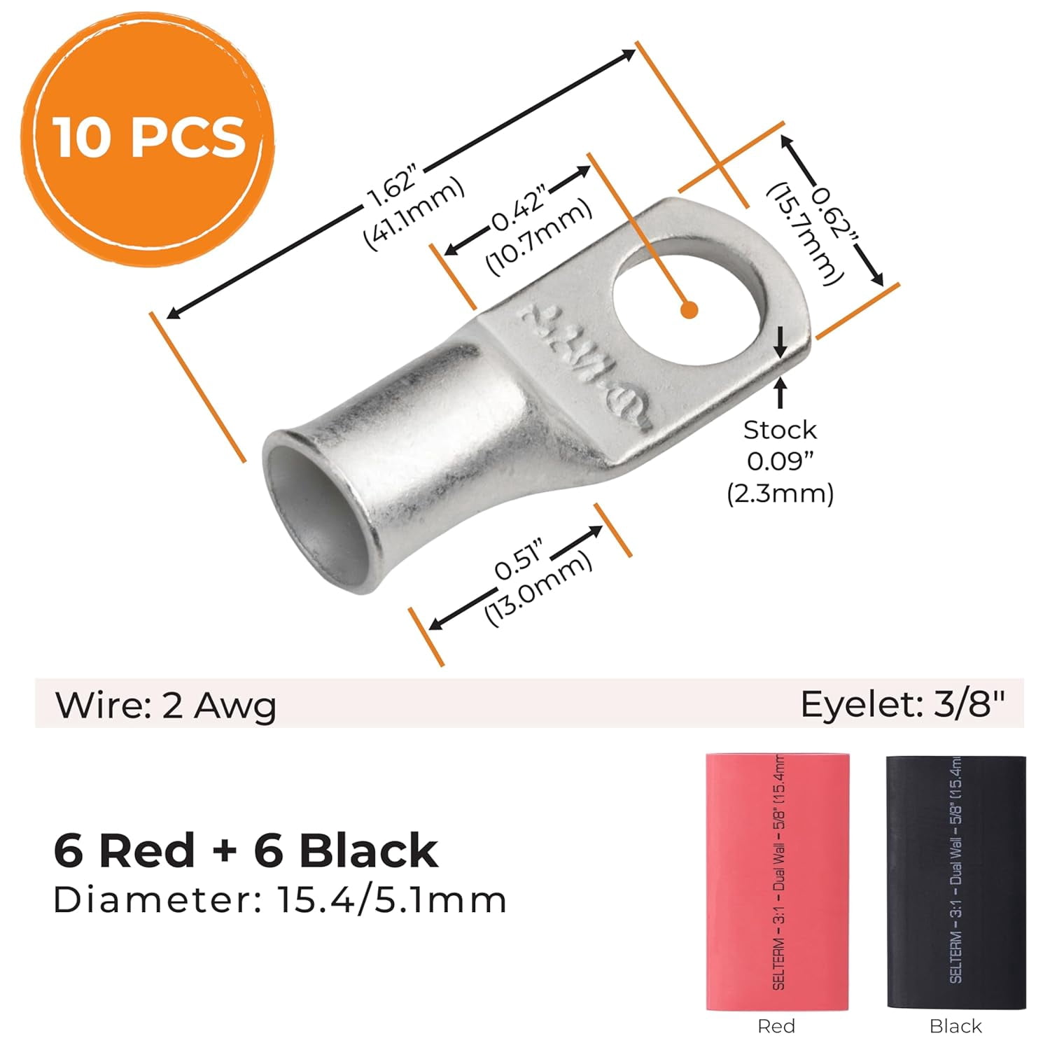 10 pieces - 2 wire gauge - 3/8 inch stud - battery terminal - ring terminal connector | comes with 12 pieces 3:1 black and red adhesive heat shrink tube | heavy-duty battery cable end - tin-plated co
