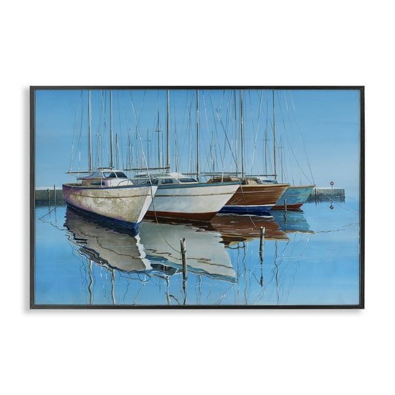 Stupell Industries Four Docked Boats Reflection Transportation Painting Black Framed Art Print Wall Art, 18 x 12