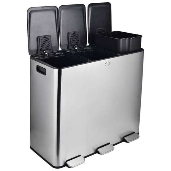 M optimized Triple Trash Can Kitchen 60 Liters, 3 x 5.3 Gallons Stainless Steel Trash and Recycle Bin Combo Garbage Bin with Separated Lid and Foot Pedal