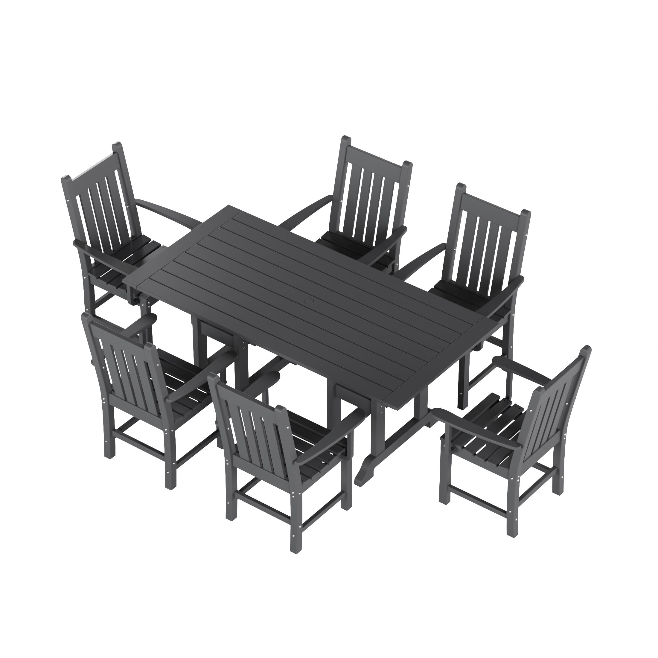 WestinTrends Malibu 7 Piece Outdoor Dining Set, All Weather Poly Lumber Patio Table and Chairs Furniture Set, 71" Trestle Dining Table with Umbrella Hole and 6 Arm Chairs, Gray