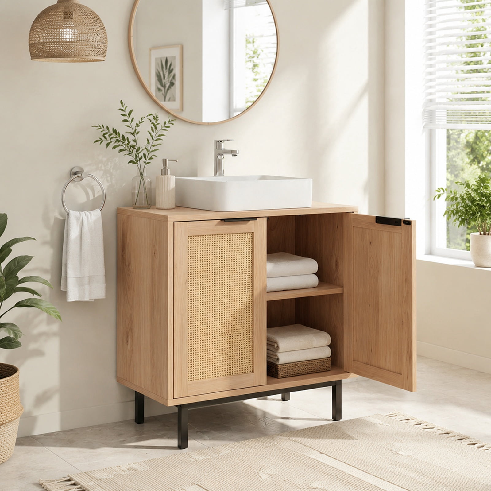 Vebreda Freestanding Bathroom Storage Cabinet, Bathroom Vanity Cabinet with U-Shaped Cut-Out 2 Rattan Doors and Shelf, Hidden Sink Organizer