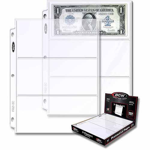 BCW 3Pocket Currency and Coupon Size Binder Pages, 100Count Box