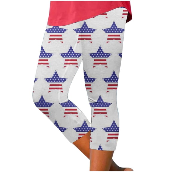 Pimfylm Women Yoga Pants Capri for American 4Th of July Print Leggings for Running Pilates Gym Tights Compression(White,M)