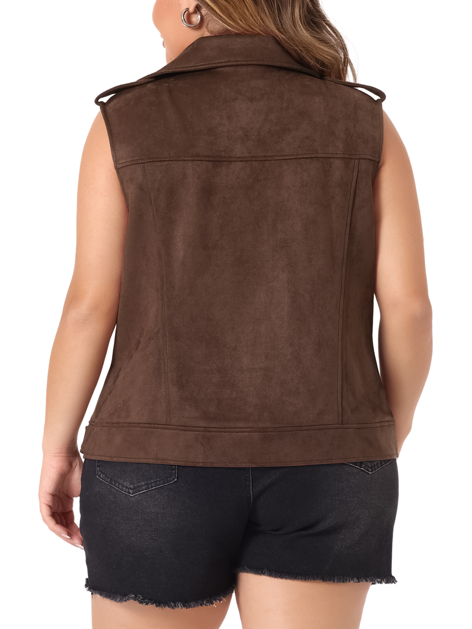 DARING DIVA Women's Plus Size Lapel Zipper Utility Motorcycle Suede Jacket Vest 3X Brown