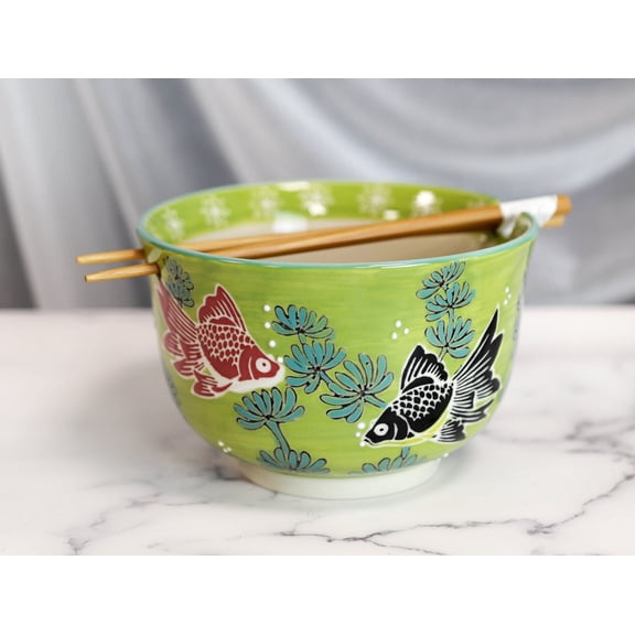 Fengshui Goldfish Habitat Green Ramen Noodles Soup Large 6"D Bowl W/ Chopsticks