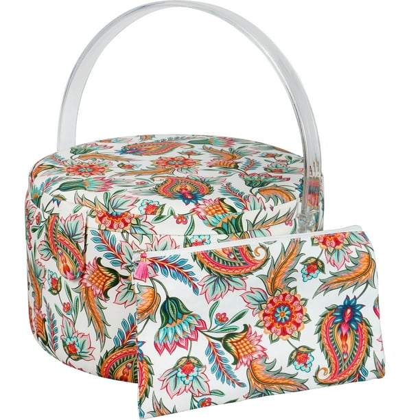 SINGER Large Premium Round Sewing Basket Multicolor Paisley Floral Print with Matching Zipper