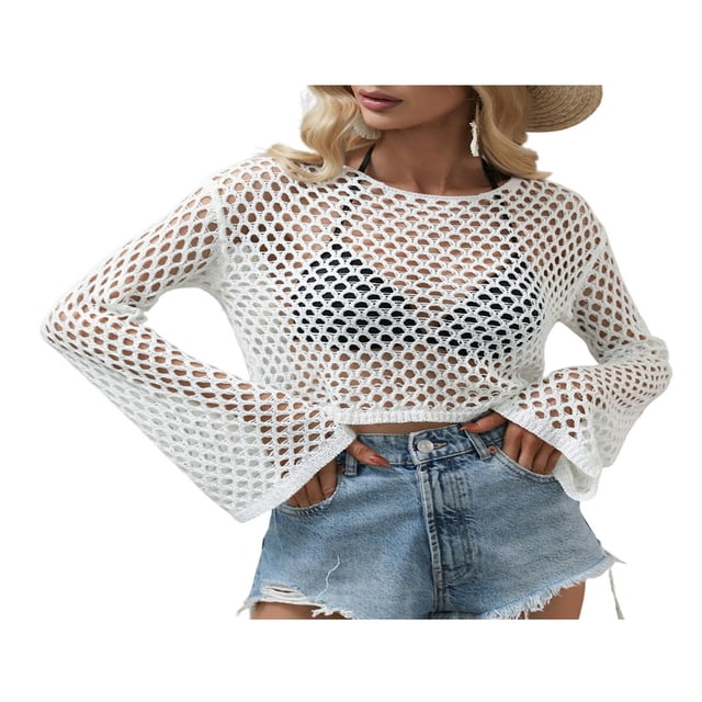 Women Crop Top Crochet Hollow Out Knitted Pullover See Through T-Shirts