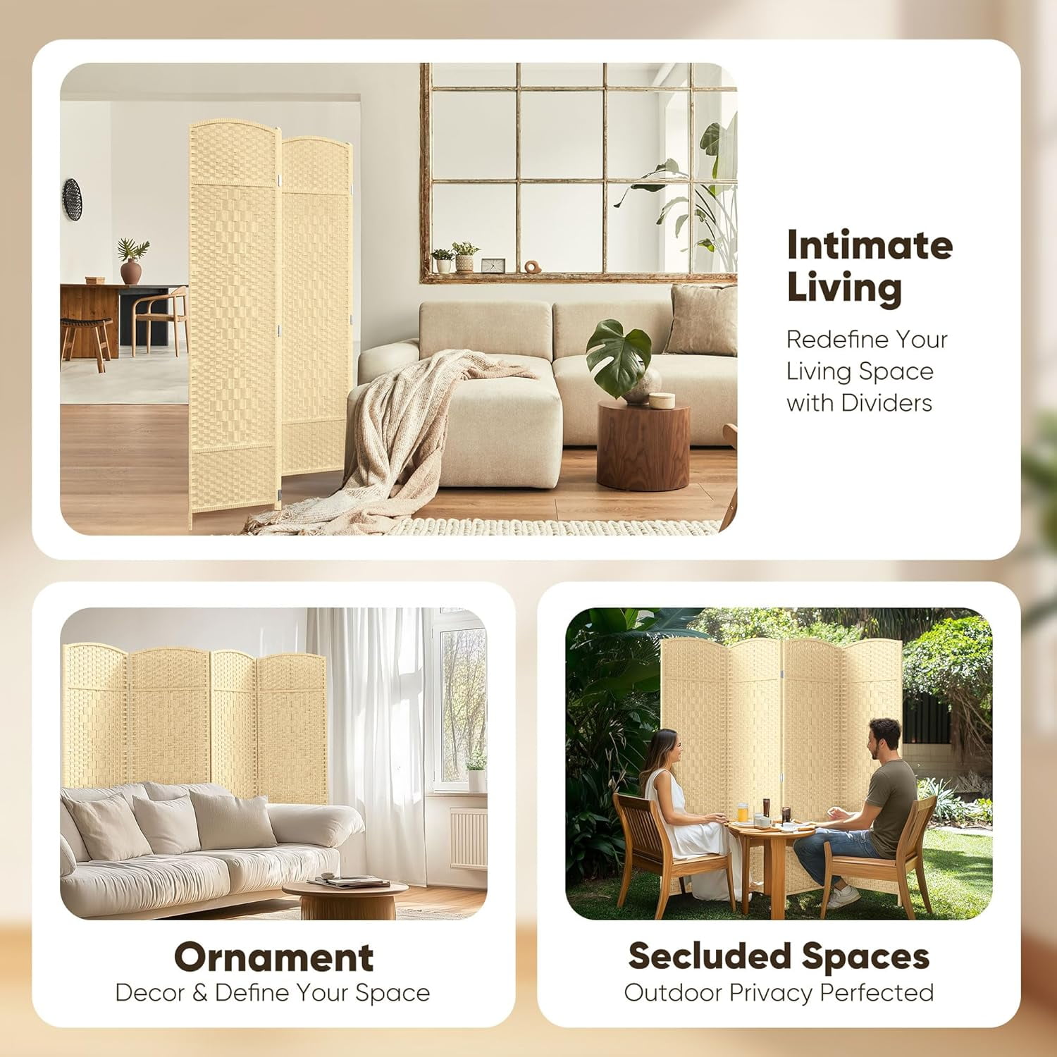 Jostyle Room 6ft Tall Divider with Hand-Woven Design, 4-Panel Folding Privacy Screen Freestanding White