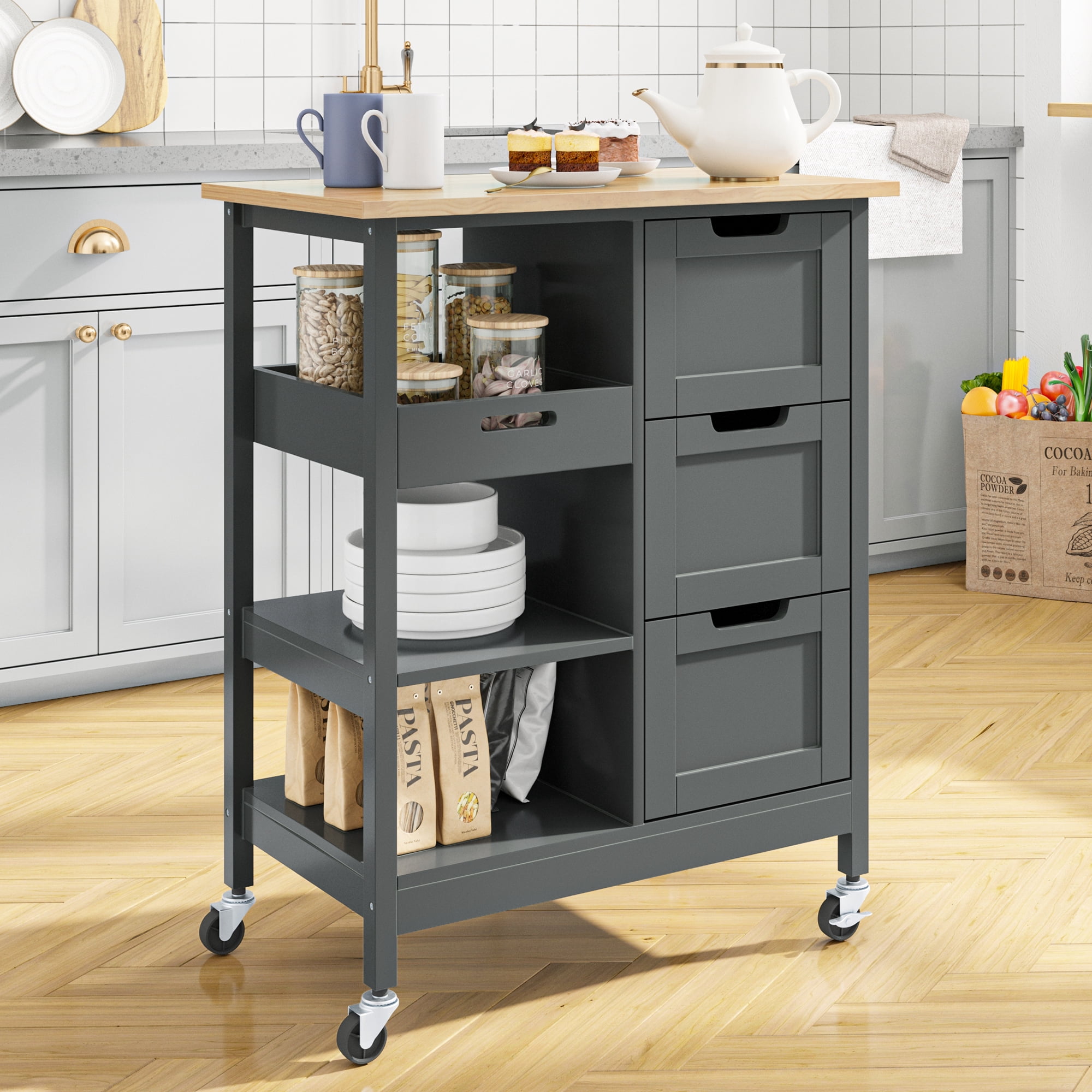 Dextrus 3 Tier Kitchen Island Cart with Storage Shelves, Kitchen Storage Cart with Drawers, Gray