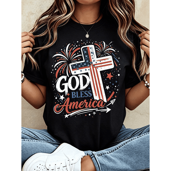 Women God Bless America Patriotic Cross Flag Graphic T-Shirt