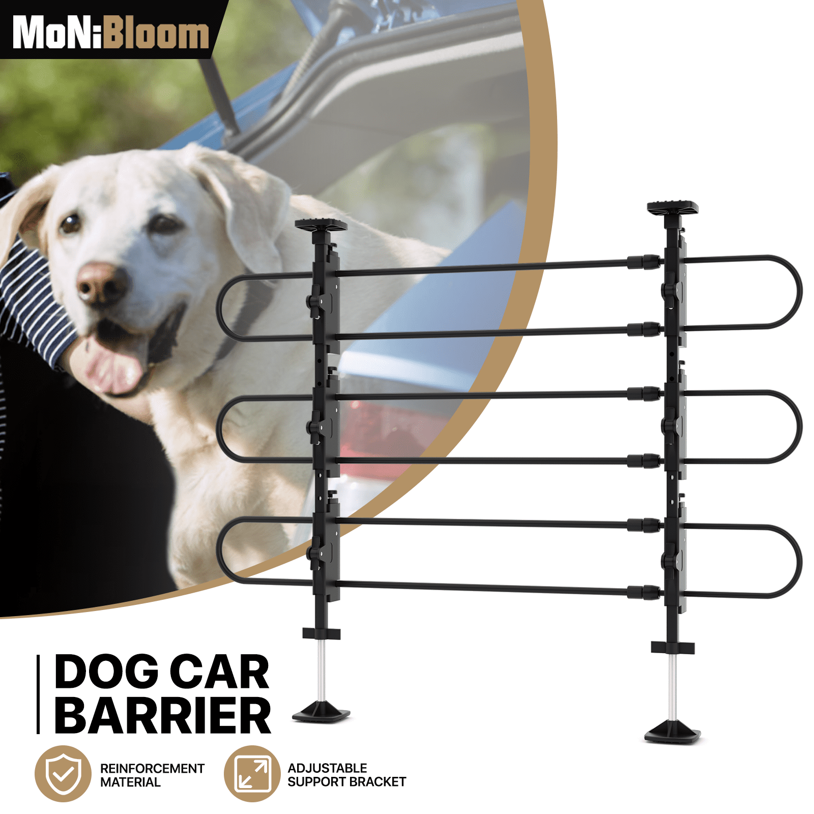 MoNiBloom Vehicle Pet Barrie, Adjustable Universal for Cars, SUVs - Moves with Your Vehicle Seats, Easy Install Dog Car Gate - Strong Metal Gate Divider