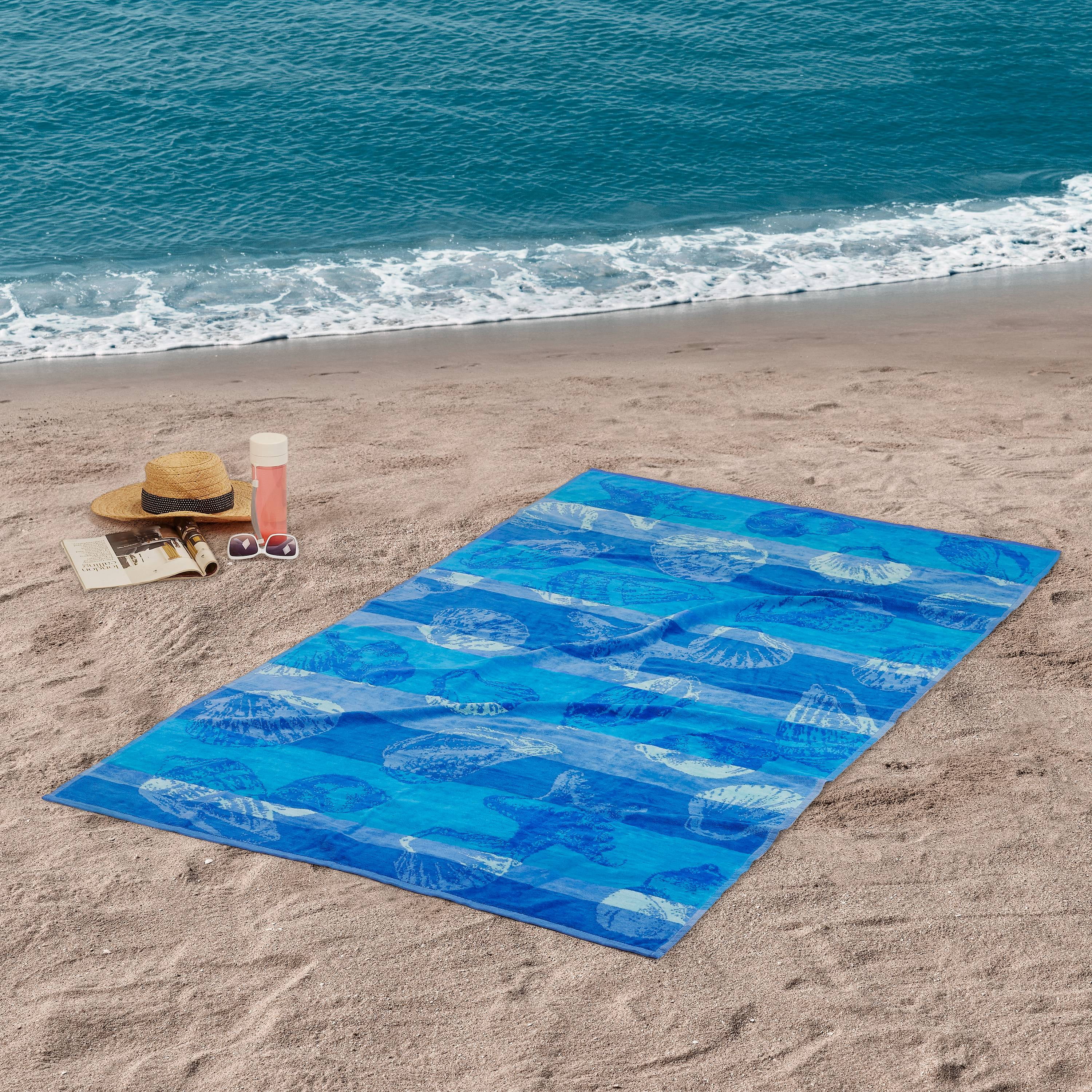 SEA SHELLS BLUE AQUA JUMBO BEACH TOWEL 100% EGYPTIAN COTTON 90cm x 170cm 