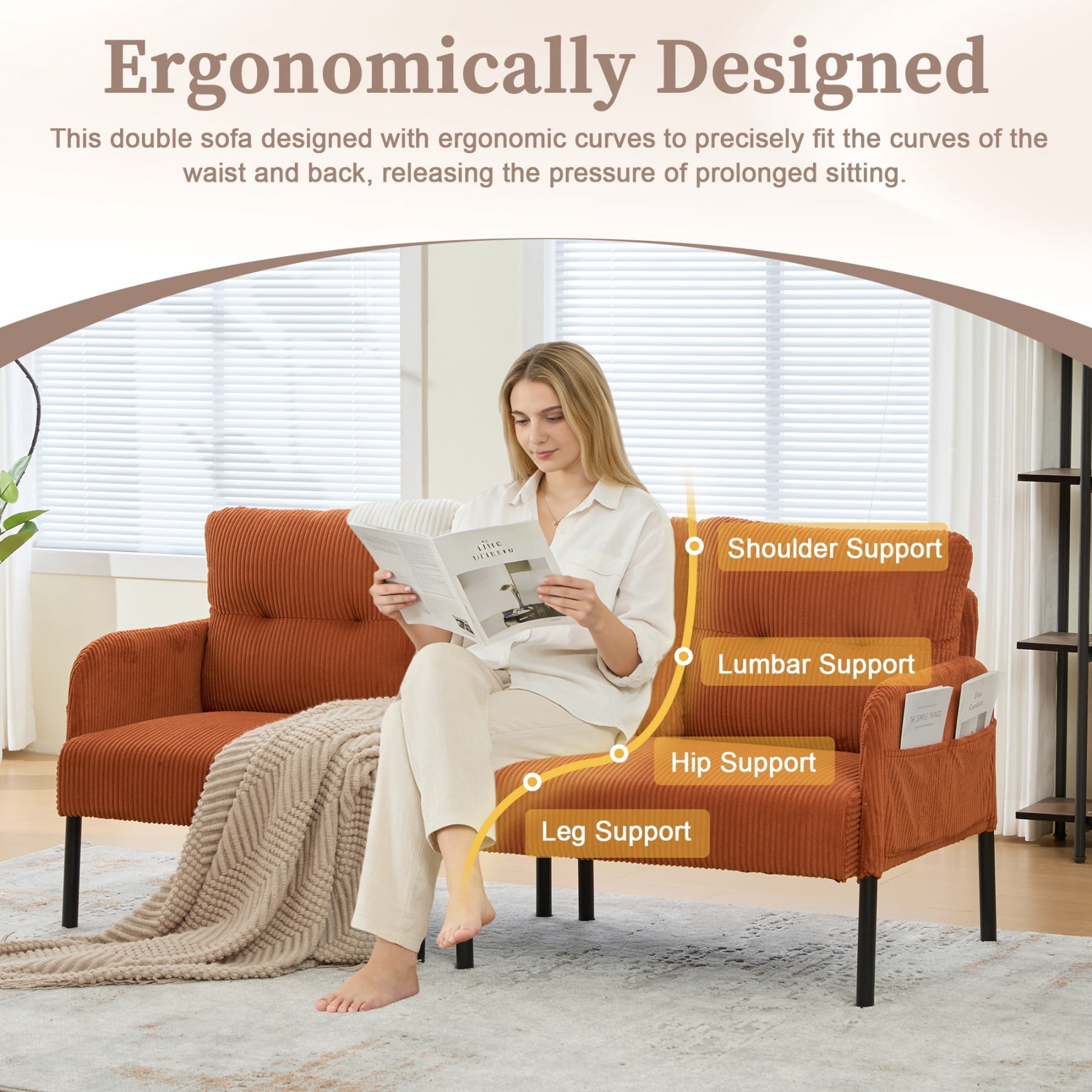 Oversized Loveseat Sofa, Modern Corduroy Upholstered Couch with Side Pockets & Metal Legs for Living Room Bedroom, Orange