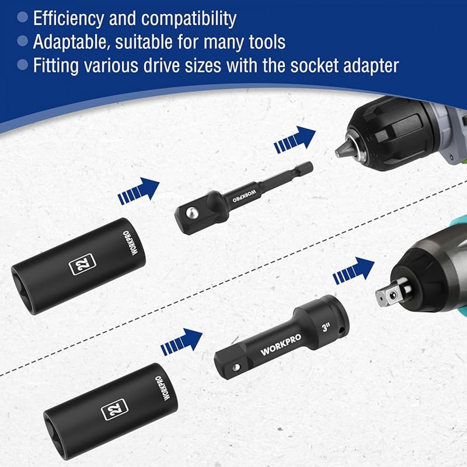 20-Piece 1/2＂ Drive Deep Impact Socket Set, 6-Point, Cr-V Steel, 10-27mm, Universal Joint, Adapter and Extension Bar, Metric