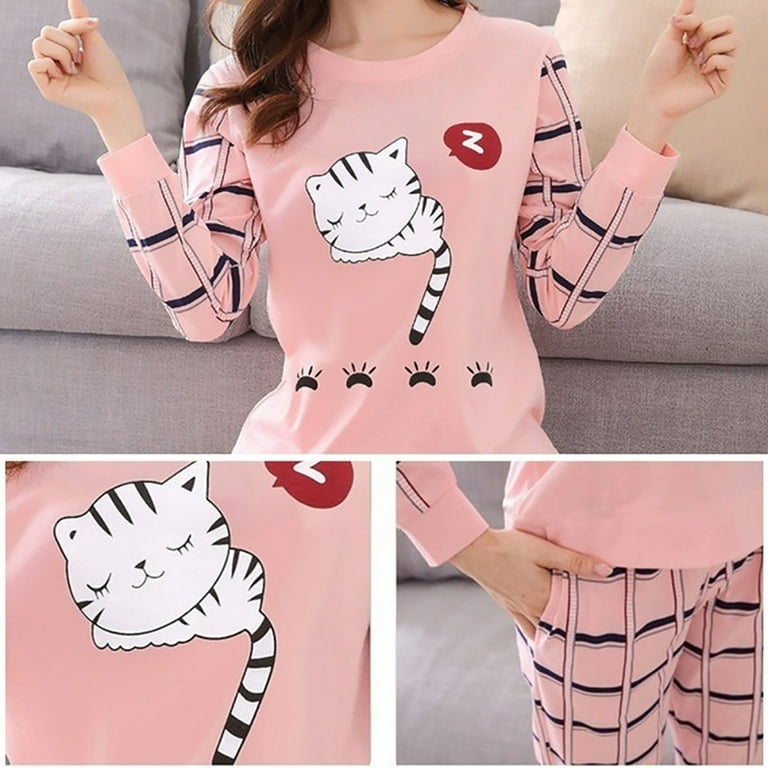 JANGSLNG Winter Cute Cartoon Cat Print Pajama Set Women Two pieces Long Sleeve Sleepwear