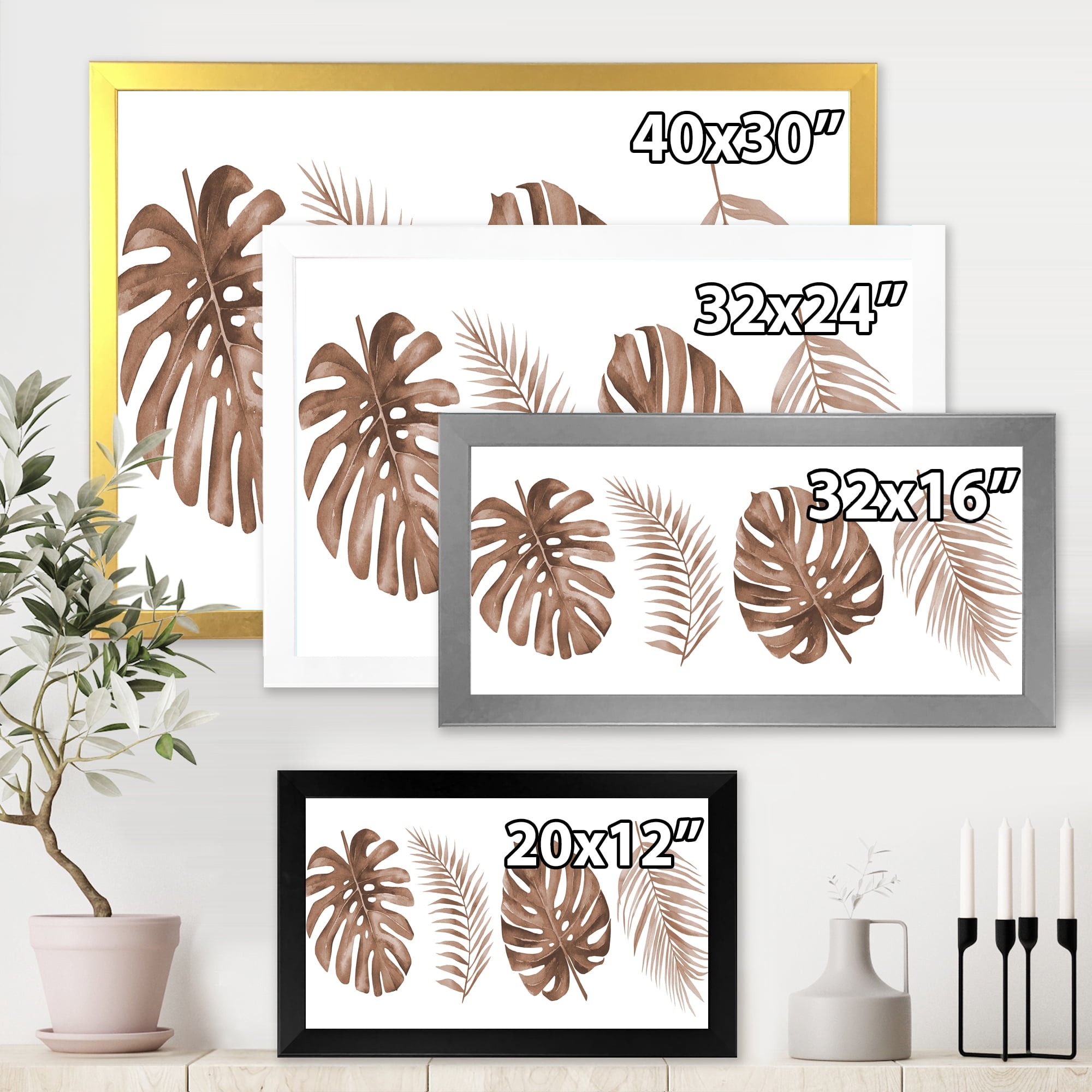 Designart 'Tropical Palm and Monstera Leaf In Terracotta' Traditional Framed Art Print