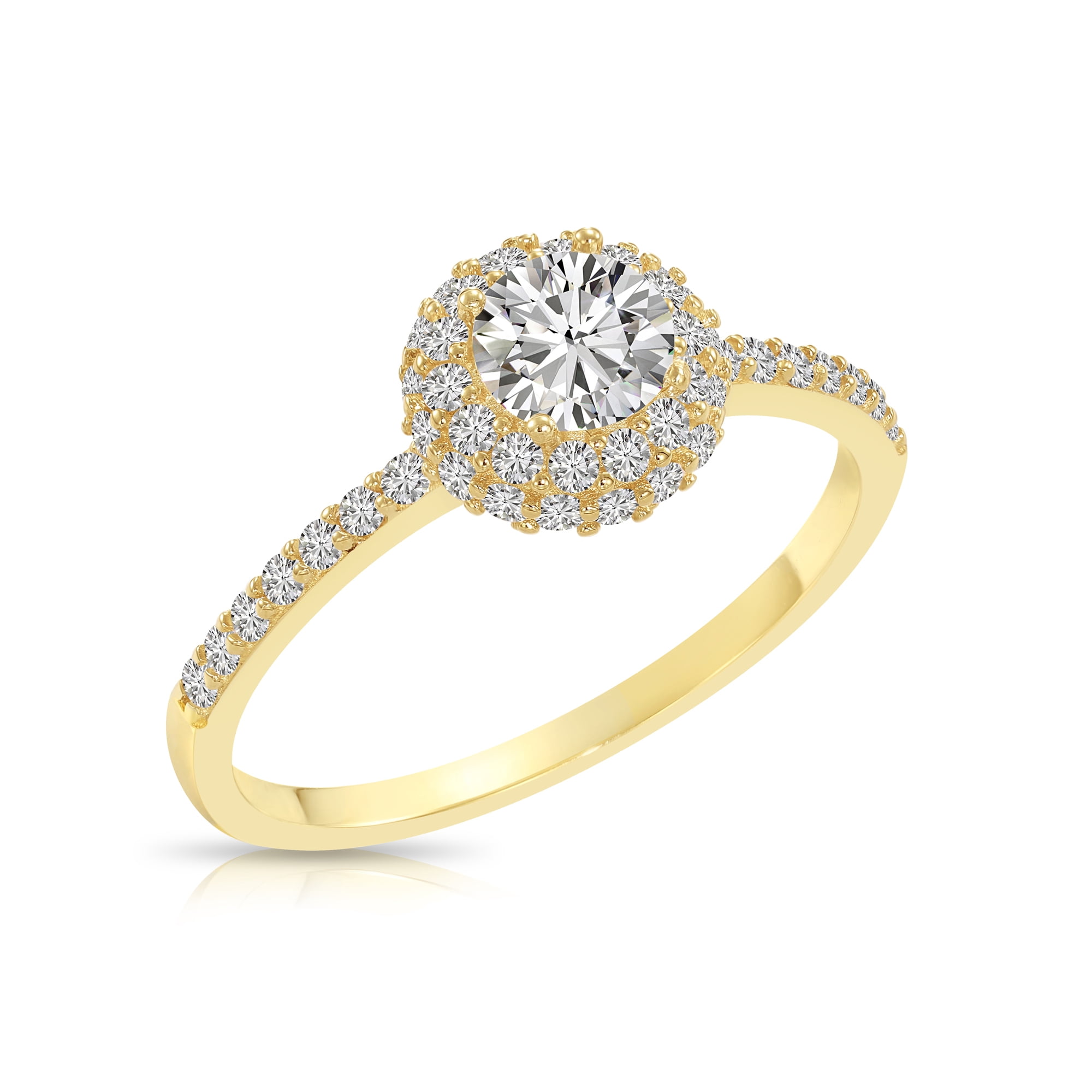 Tilo Jewelry 14K Yellow Gold Triple Halo Dome Solitaire Round Brilliant Engagement Wedding Ring with Side-stone Accents | Size 5 | Classic Engagement Ring for Women