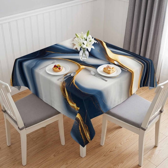 Navy Blue Marble Table Cloth Waterproof Tablecloths, Gold Modern Art Tablecloth Dining Table Cover for Kitchen Party Tabletop Outdoor, Square Tablecloth 54x54 Inch