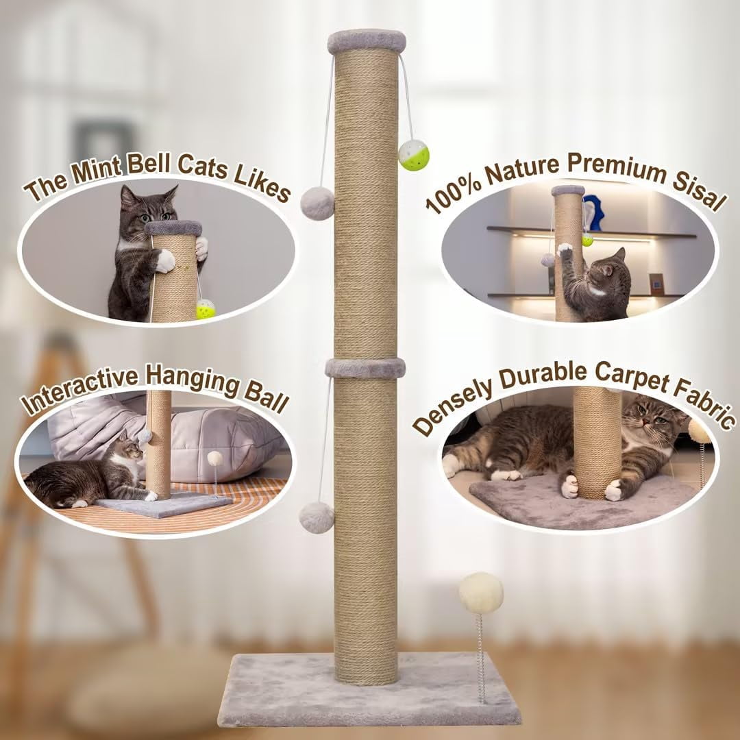 PELUOMOZ Cat Scratching Post 36 in Natural Sisal Rope Scratch Tower with 3.6 in Post and Interactive Toy Gray