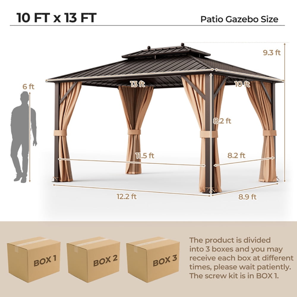 Aimee Lii 10x13ft Double-Roof Patio Hardtop Gazebo with Galvanized Steel Roof Netting and Curtains, Canopy Gazebo for Party BBQ Events, Coffee