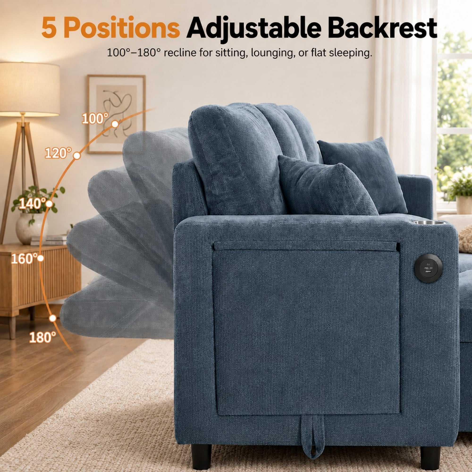 DEALTOPS 108" Chenille U-Shaped Sectional Pull Out Sleeper Sofa Bed with Storage Chaise, USB & Tray Table, Blue
