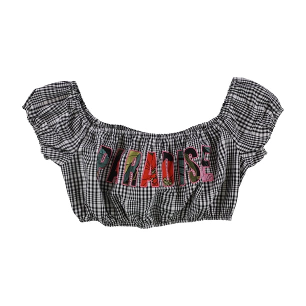 GUESS Blusa sin tirantes a cuadros para mujer, blanca, grande