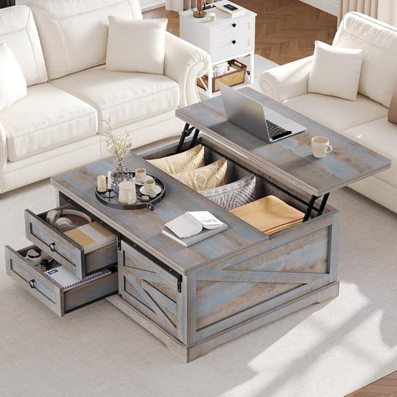 Itaar 39.4'' Lift Top Coffee Table with Storage, Farmhouse Coffee Tables for Living Room, Square Coffee Table with Large Hodden Compartment & 2 Drawrs & Adjustables Shelves (Blue)