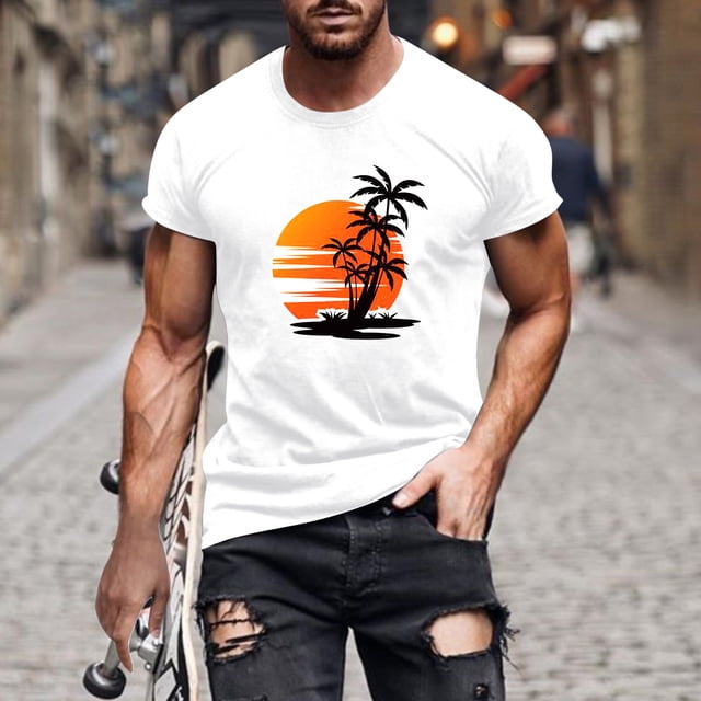 Meichang T-Shirts Graphiques pour Hommes T-Shirts à Col Rond Imprimés 3D Palmier Tropical Coucher de Soleil Coupe Régulière Manches Courtes T-Shirts d'Entraînement T-Shirts d'Été pour Muscles pour Hommes Aubaines de Liquidation 2024 Blanc 3TG