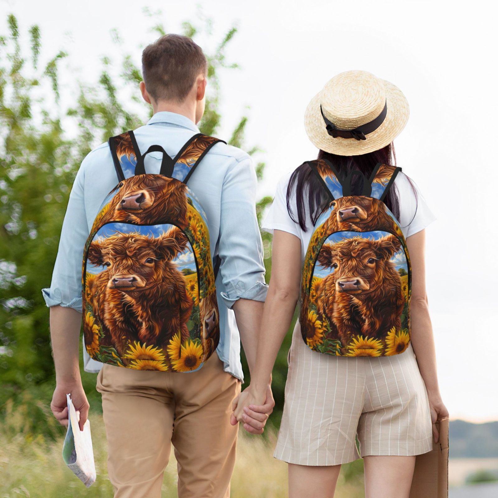 Picia Cloud Sky Sunflower Cow Printed Canvas Daypack - Stylish and Durable Vintage Compact Backpack - Class, Work, Travel, or Laptop Bookbag,Organized Compartments-Small