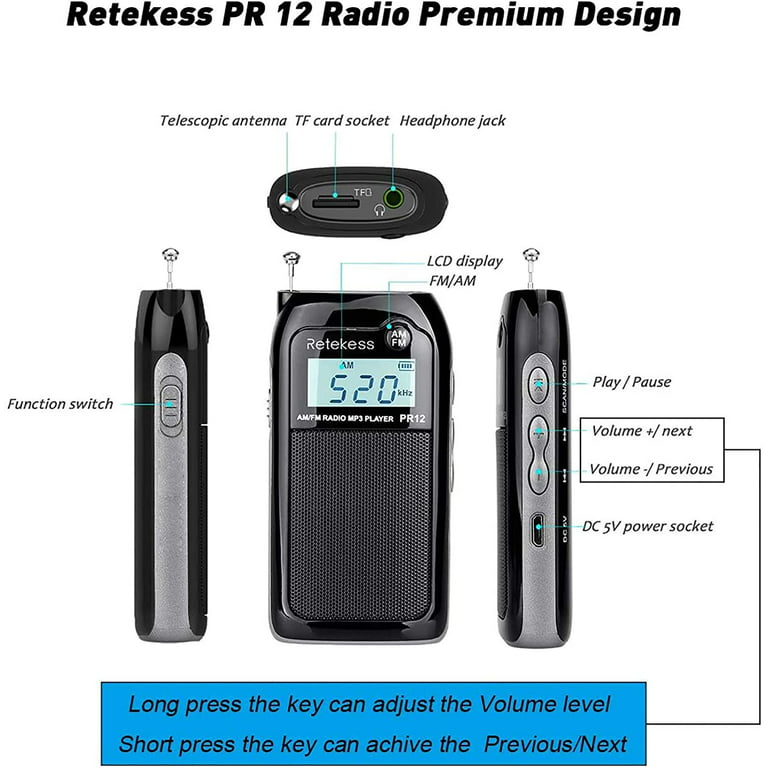  Retekess V112 AM FM Radio Portable, Mini Radio with Earphone  Pocket, Digital Tuning Rechargeable Battery LCD Display for Walking  Jogging(Gold) : Electronics
