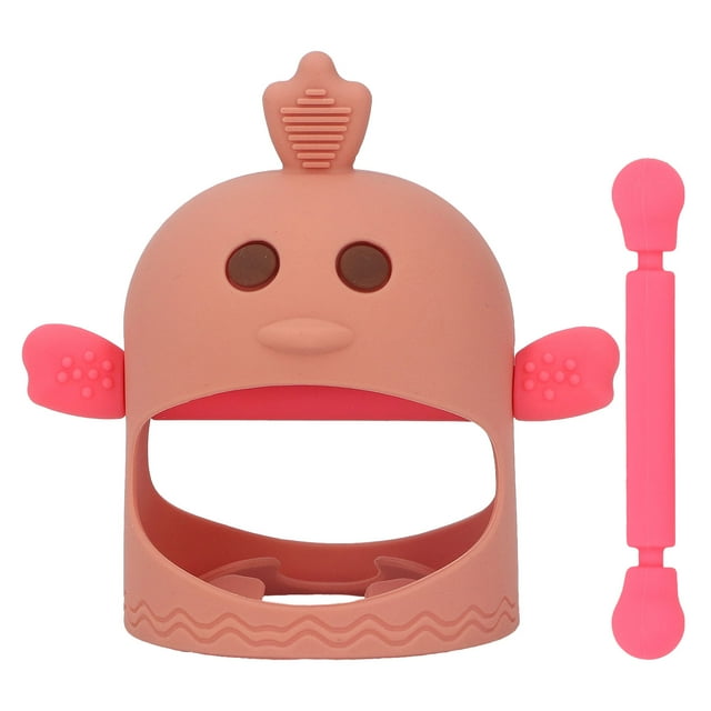 Chupete de mano de silicona con forma de pollito, mordedor calmante para bebé con 2 tallos de mordedor para el día y la noche