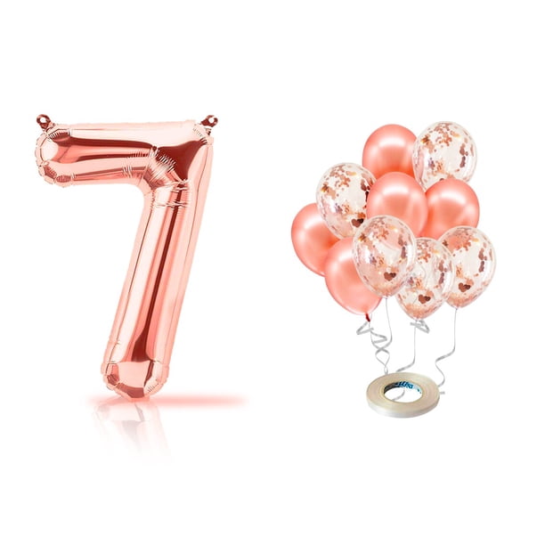 Rose Gold 7th Birthday Balloon Decorations Set - 40" Number 7, Banner, Hearts & Confetti