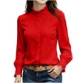 thumbnail image 2 of IUYRTFE Women's Stand Collar Ruffle Trim Blouse Long Sleeve Button Down Solid Color Office Work Shirt, 2 of 5