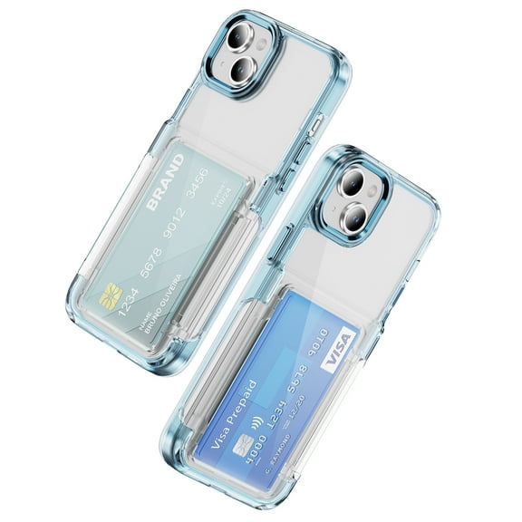 for iPhone 14 Case Wallet, iPhone 14 Case Clear Protective Case Credit Card Holder Heavy Duty Shockproof Anti-Scratch Anti-Yellow Cover for iPhone 14 Transparent - Blue