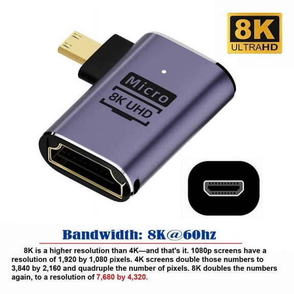 JSER Right Angled Micro HDMI Male to HDMI 2.1 Female UHD Extension Gold Converter Adapter Support 8K 60hz HDTV
