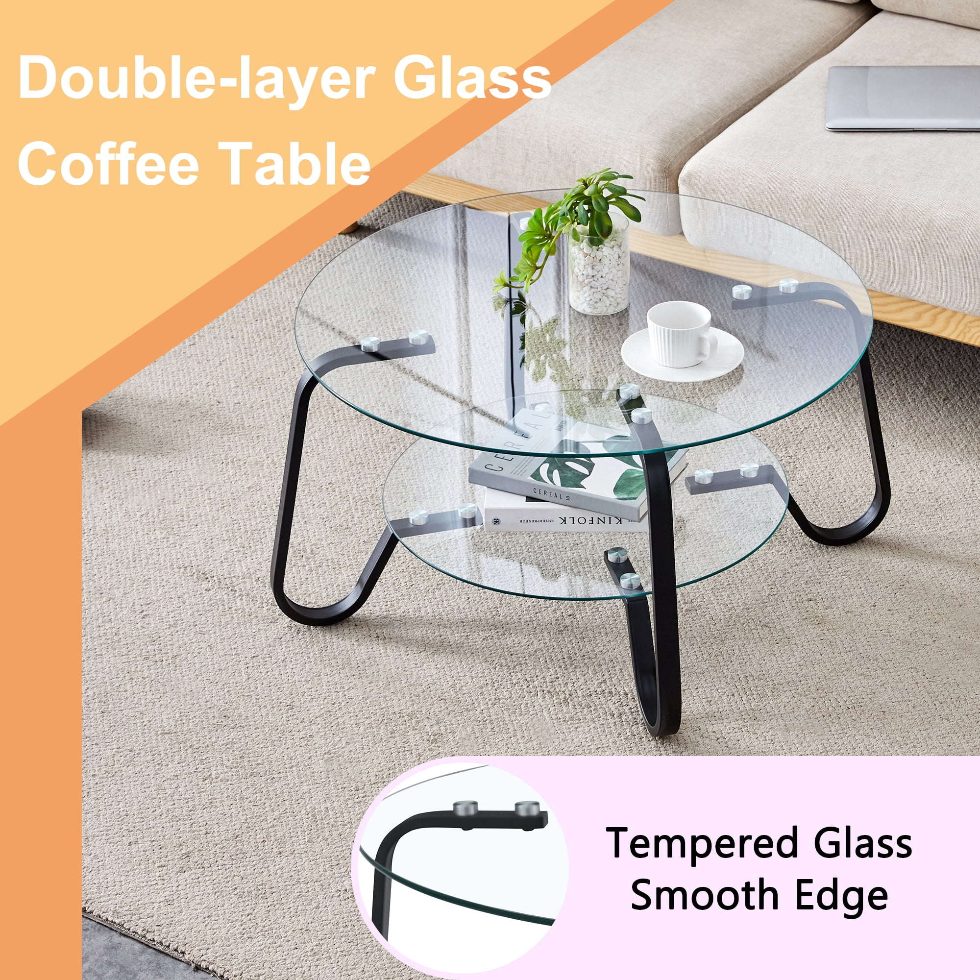Retro Minimalist Metal Frame Coffee Table, 31.5 Inch Square Cocktail Table with Double Layer Tempered Glass Top, Vintage Style Center Table for Living Room