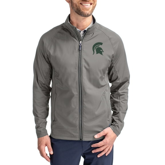 Men's Cutter & Buck Gray Michigan State Spartans Primary Logo Adapt Eco Knit Raglan Full-Zip Jacket