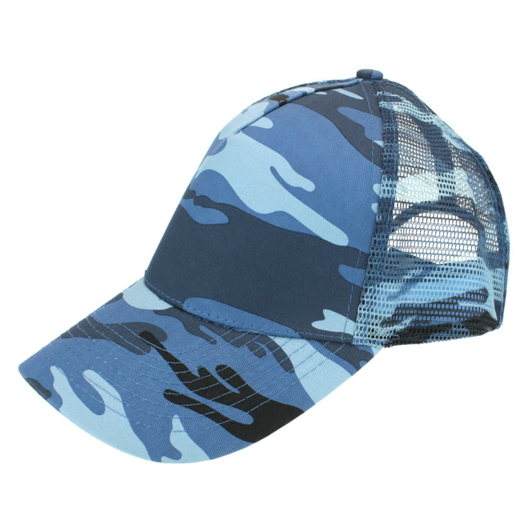 Mens Low Crown Camouflage Panel Camo Trucker Blue Twill Hat 5 Mesh