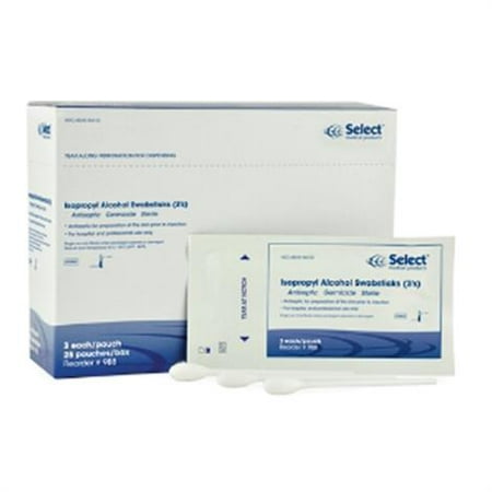 Box Alcohol - Select Impregnated Swabstick 3 Pack Individual Packet 70% Alcohol (Isopropyl), Box of 75