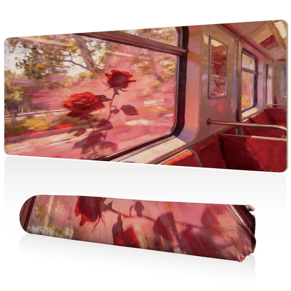 LIVEKEY Mouse Pad Ultra Large 80x40x0.3cm Full Desk Coverage Train Window Red Rose Art Design with Sewn Edges for Gaming Office