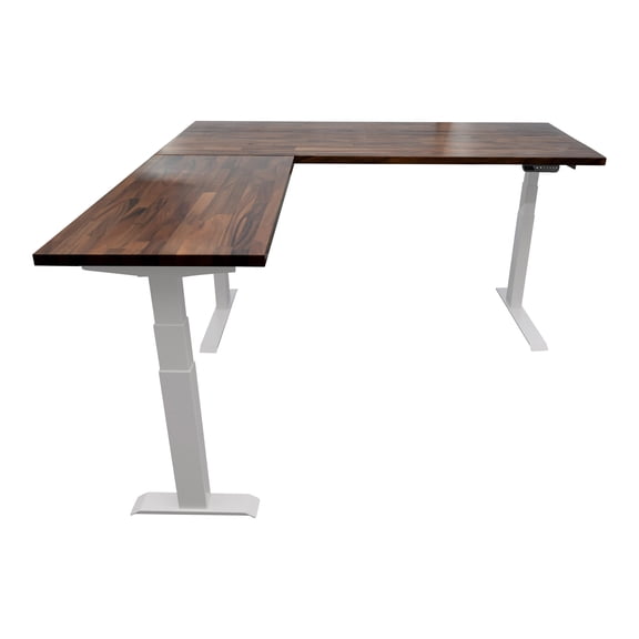Stand Up Desk Store Triple Motor Electric L-Shaped Corner Standing Desk with EZ Assemble Frame (White Frame/Solid Walnut Top, 71" W x 71" D)