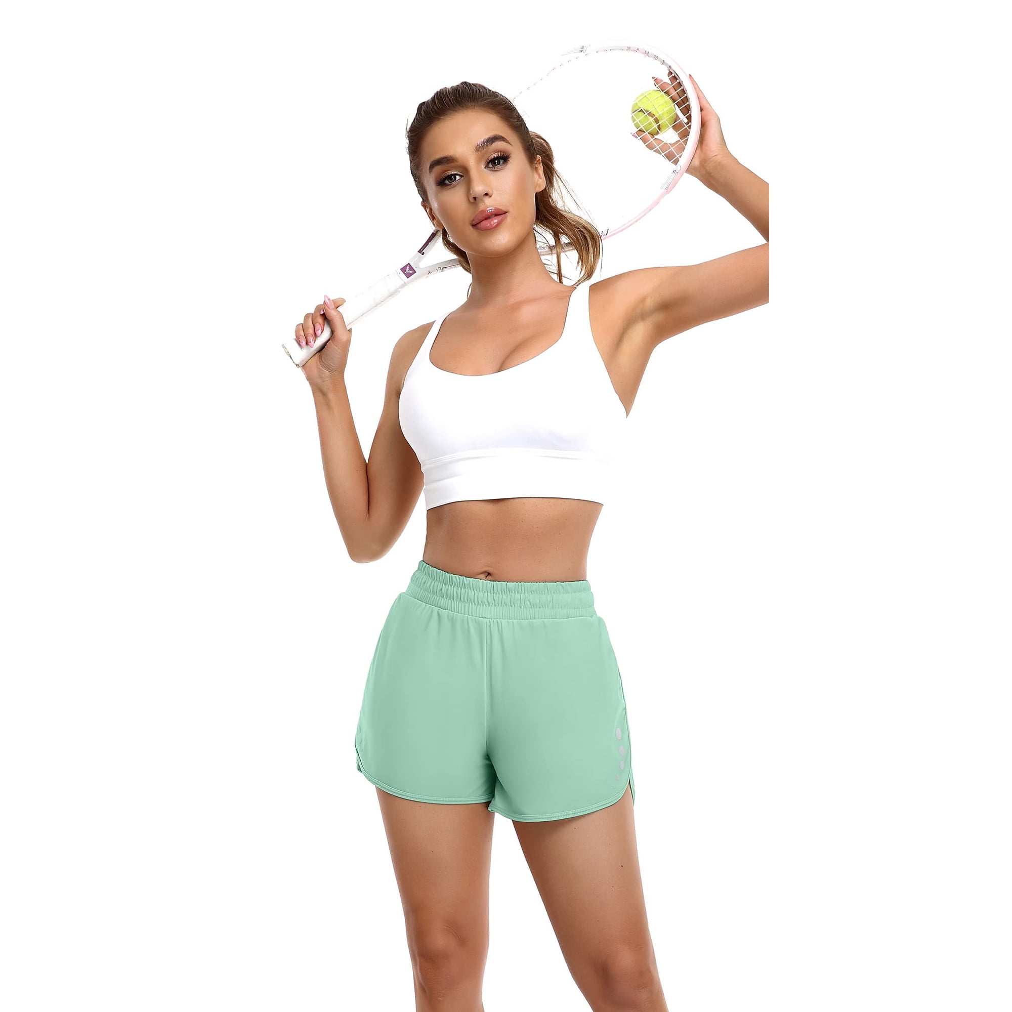 Beautyin Women s Athletic Running Shorts High Waisted Workout Gym Shorts With Hidden Pockets Green
