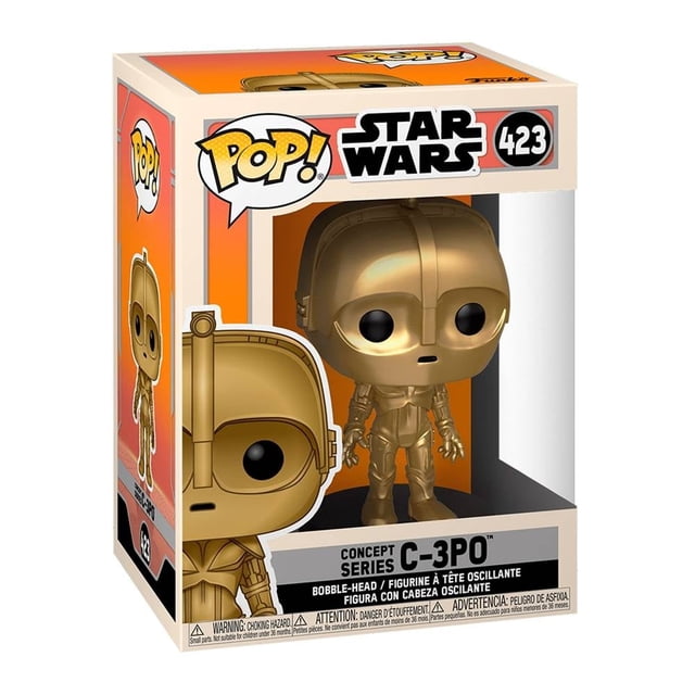 figura funko star wars c 3po 4 pulgadas Coleccionable de vinil multicolor en caja con ventana; vista frontal centrada de C-3PO estilo Funko Pop 4" con cabeza sobredimensionada, acabado dorado, base interior negra y empaque con logo Pop! y número 423.